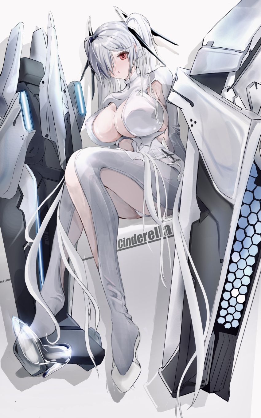 1girl absurdres armored_leotard armpit_cutout blush bodysuit breasts cinderella_(nikke) cleavage cleavage_cutout clothing_cutout goddess_of_victory:_nikke hair_over_one_eye highres horns large_breasts leg_cutout leotard long_hair looking_at_viewer mechanical_horns navel navel_cutout one_eye_covered pinjirooo red_eyes shiny_eyes simple_background sitting solo twintails very_long_hair white_background white_bodysuit white_hair