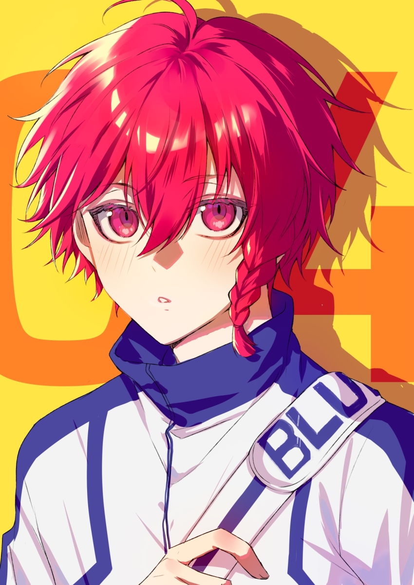 1boy blue_jacket blue_lock braid highres jacket kurona_ranze looking_at_viewer male_focus multicolored_clothes multicolored_jacket parted_lips red_eyes red_hair short_hair side_braid single_braid solo tsukky two-tone_jacket upper_body white_jacket yellow_background