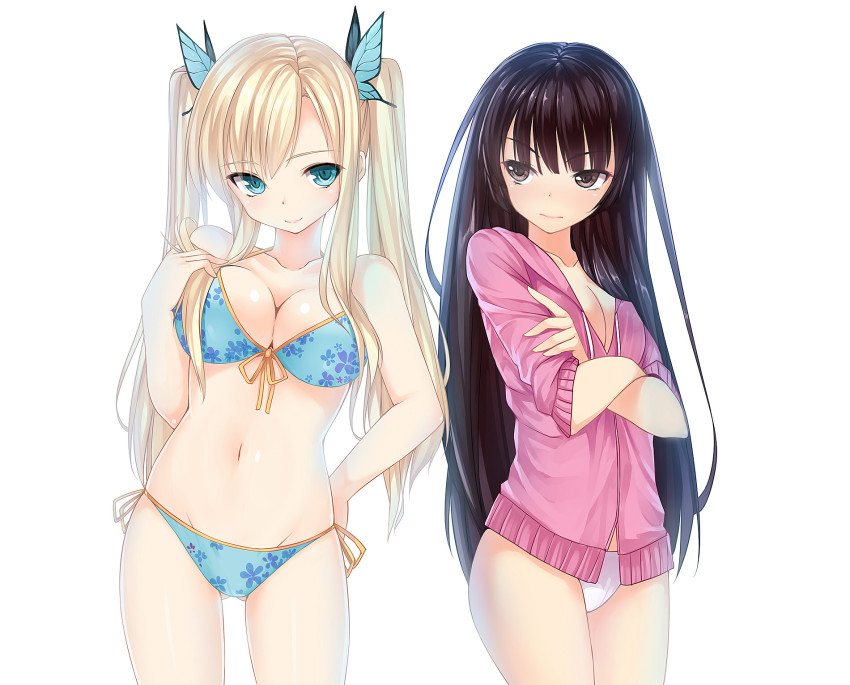 10s 2girls alternate_hairstyle bare_shoulders bikini black_eyes black_hair blonde_hair blue_bikini blue_eyes boku_wa_tomodachi_ga_sukunai breasts butterfly_hair_ornament caidychen cleavage cowboy_shot crossed_arms front-tie_top groin hair_ornament halterneck hand_on_own_hip highres hip_focus hood hoodie kashiwazaki_sena large_breasts long_hair midriff mikazuki_yozora multiple_girls side-tie_bikini_bottom sleeves_pushed_up string_bikini swimsuit twintails white_background