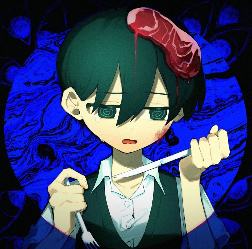 1boy @_@ black_hair blood blood_on_face collarbone collared_shirt crmmm91 food food_on_head fork highres holding holding_fork holding_knife knife looking_at_viewer male_focus object_on_head omori open_mouth shirt short_sleeves solo spotlight steak sunny_(omori) white_shirt