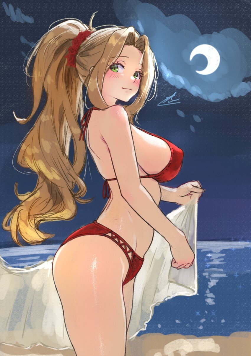 1girl bare_shoulders beach bikini blush breasts brown_hair c_(theta) closed_mouth cloud cloudy_sky covered_erect_nipples cowboy_shot crescent_moon curtained_hair eyelashes from_side green_eyes groin high_ponytail highres idolmaster idolmaster_million_live! idolmaster_million_live!_theater_days large_breasts long_hair looking_at_viewer moon night night_sky nikaido_chizuru ocean red_bikini sidelocks signature sky solo standing swimsuit very_long_hair wavy_hair