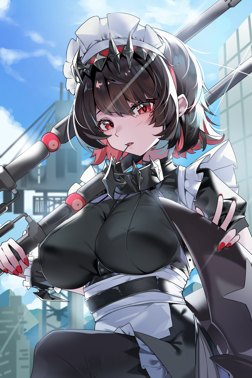 1girl absurdres bell black_hair blue_sky breasts cloud colored_inner_hair cowbell ct.ender ellen_joe fingernails fins fish_tail hair_between_eyes highres holding holding_weapon large_breasts looking_at_viewer maid maid_headdress mole mole_under_eye multicolored_hair nail_polish outdoors red_eyes red_hair red_nails shark_tail short_hair sidelocks sky solo tail two-tone_hair weapon zenless_zone_zero