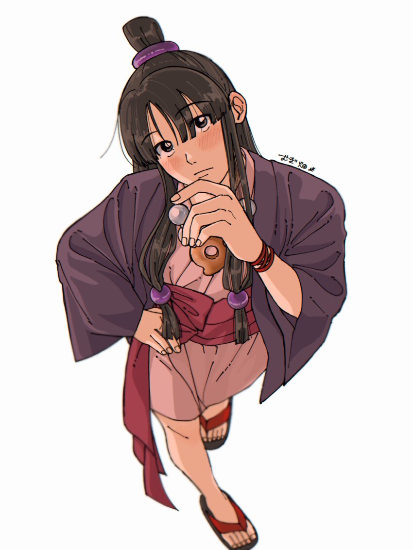 1girl ace_attorney bead_necklace beads black_hair blunt_bangs bracelet from_above hair_beads hair_ornament hand_on_own_chin hand_on_own_hip hanten_(clothes) highres jacket japanese_clothes jewelry kimono light_blush looking_at_viewer magatama magatama_necklace maya_fey mugibatake necklace obi pink_kimono purple_jacket red_sash ring_hair_ornament sandals sash signature solo stroking_own_chin topknot white_background zouri