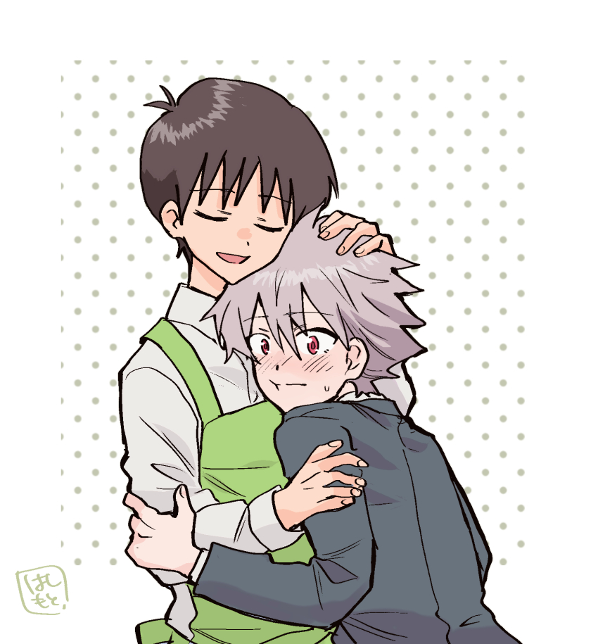 2boys :t apron arm_grab artist_name blue_jacket blush brown_hair closed_eyes closed_mouth collared_shirt commentary_request green_apron grey_hair hair_between_eyes hand_on_another&#039;s_head hashimo99187365 highres ikari_shinji jacket long_sleeves male_focus multiple_boys nagisa_kaworu neon_genesis_evangelion open_mouth polka_dot polka_dot_background red_eyes shirt short_hair sweatdrop white_background white_shirt yaoi