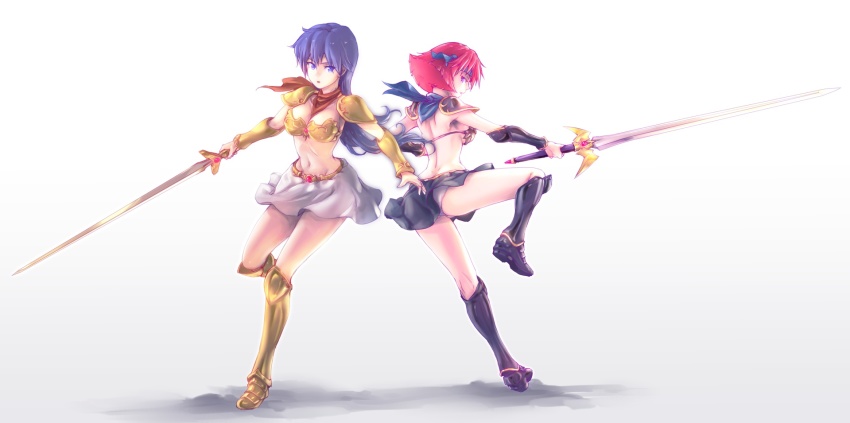 2girls armor armored_boots asou_yuuko bikini_armor black_footwear black_skirt blue_eyes boots breasts floating_hair full_body groin headpiece highres holding holding_sword holding_weapon kirishima_reiko knee_boots long_hair looking_at_viewer looking_back midriff miniskirt mugen_senshi_valis multiple_girls navel panties pantyshot purple_hair red_eyes red_hair short_hair shoulder_armor sideboob simple_background skirt standing standing_on_one_leg stomach sword tamago_tomato underwear valis very_long_hair weapon white_background white_panties white_skirt yellow_footwear