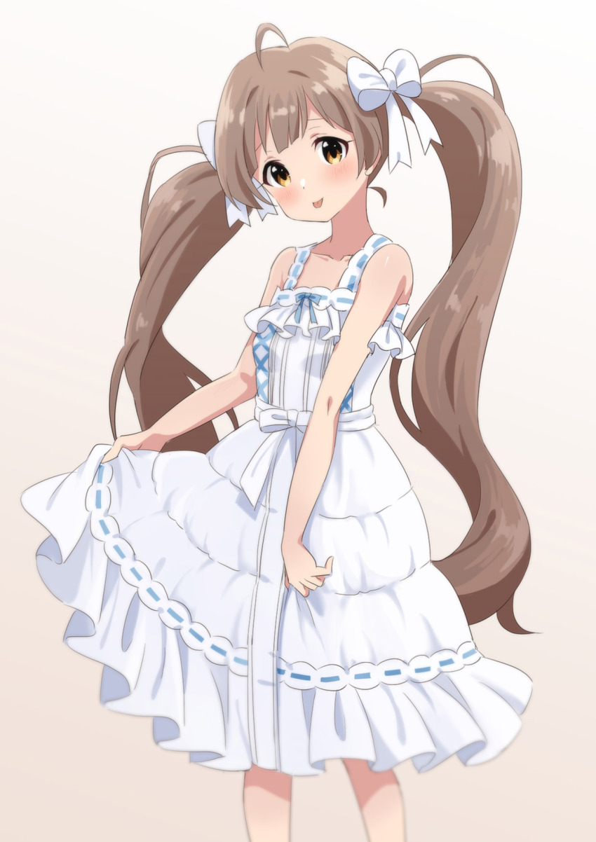 1girl :p ahoge bare_arms bare_shoulders blue_bow blue_ribbon blurry blush bow breasts brown_hair closed_mouth collarbone commentary_request cross-laced_clothes cross-laced_dress depth_of_field dot_nose dress feet_out_of_frame frilled_dress frills goma_konbu gradient_background grey_background hair_bow hakozaki_serika head_tilt highres idolmaster idolmaster_million_live! lone_nape_hair long_hair looking_at_viewer looking_to_the_side orange_eyes pure_onepiece_(idolmaster) raised_eyebrows ribbon skirt_hold sleeveless sleeveless_dress small_breasts solo standing swept_bangs three_quarter_view tongue tongue_out twintails very_long_hair white_background white_bow white_dress