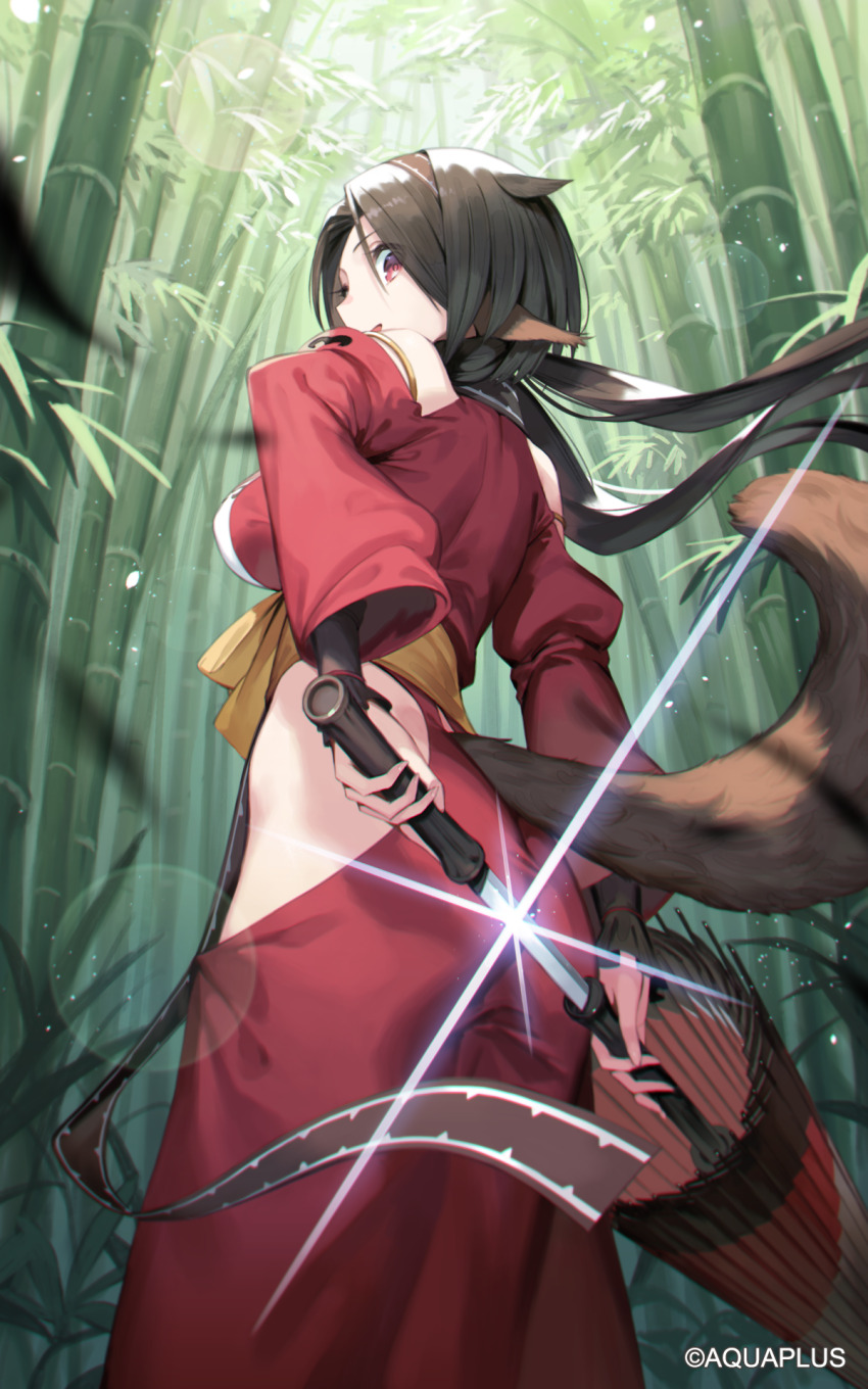 1girl :d ainezu animal_ears back bamboo bamboo_forest bare_shoulders black_hair breasts forest highres holding holding_sword holding_weapon long_hair nature oil-paper_umbrella open_mouth purple_eyes shis smile solo sword twintails umbrella utawarerumono utawarerumono:_itsuwari_no_kamen weapon