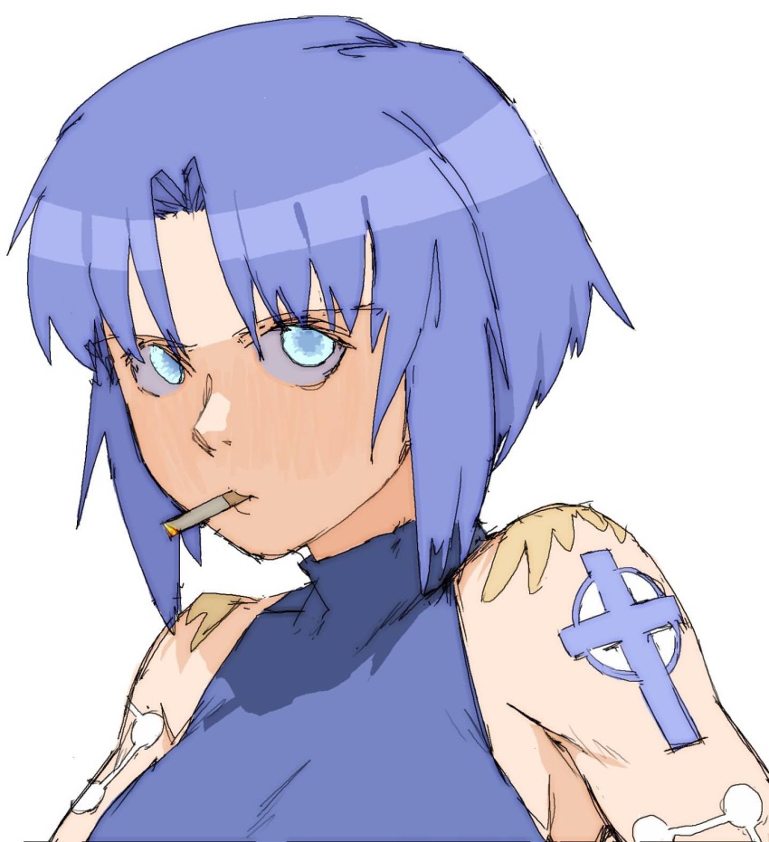 1girl blue_eyes blue_hair breasts ciel_(tsukihime) cigarette cross_tattoo highres medium_breasts medium_hair pantsu-ripper portrait powered_ciel shoulder_tattoo sleeveless sleeveless_turtleneck smoking solo tattoo tsukihime turtleneck