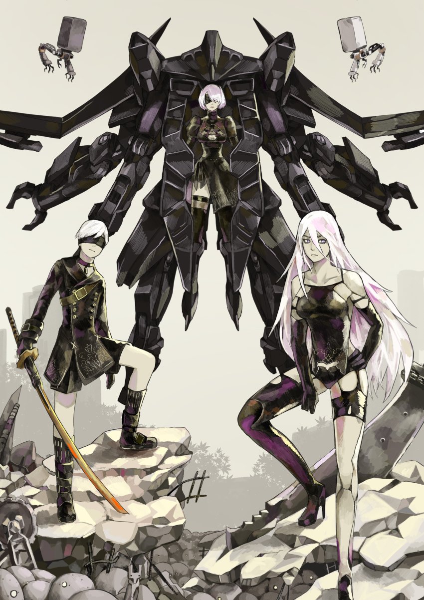 1boy 2girls absurdres android bare_shoulders black_blindfold black_choker black_footwear black_hairband black_legwear black_shorts blindfold breasts building choker cleavage cleavage_cutout clothing_cutout greatsword grey_sky hair_between_eyes hairband hand_on_own_hip highres holding holding_sword holding_weapon katana long_hair mecha multiple_girls nier_(series) nier:automata outdoors planted planted_sword planted pod_(nier:automata) purple_eyes robot rock rubble ruins short_hair shorts silhouette sky subakeye sword tree weapon white_hair 2b_(nier:automata) 9s_(nier:automata) a2_(nier:automata)