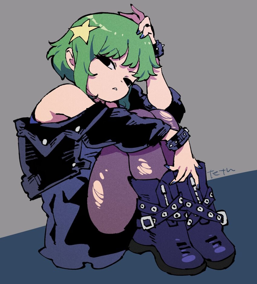 1boy boots chain green_hair hair_ornament highres jacket kim_pine looking_at_viewer male_focus nail_polish off_shoulder pants pantyhose scott_pilgrim_(comics) scott_pilgrim_(series) solo star_(symbol) star_hair_ornament tetsu_(teppei) torn_clothes torn_pants torn_pantyhose