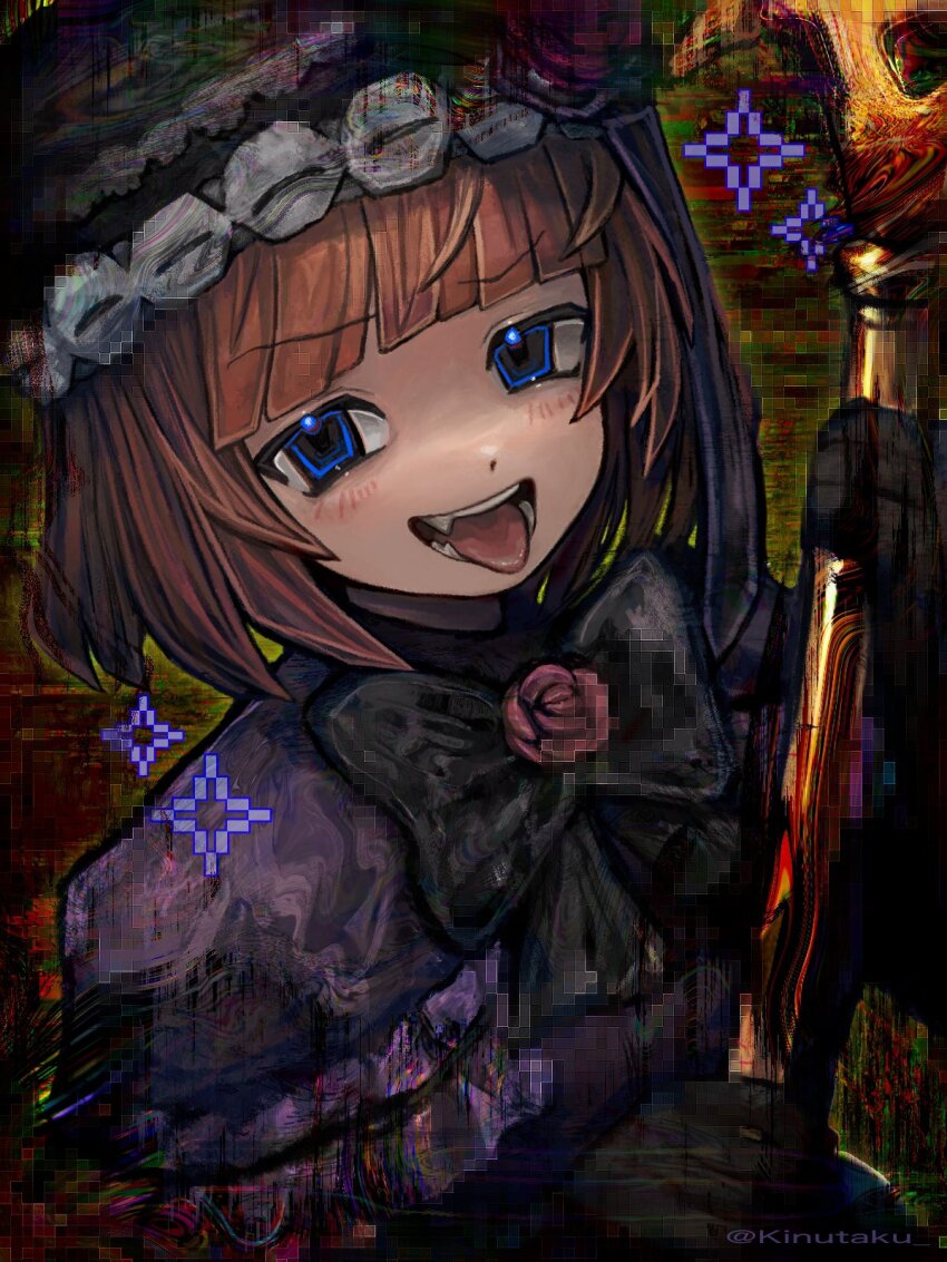 1girl abstract_background black_bow black_gloves black_hat blue_eyes blunt_bangs bob_cut bow dress eva_beatrice flower gloves hat highres holding holding_wand kinutaku open_mouth purple_dress rose short_hair smile solo teeth umineko_no_naku_koro_ni wand