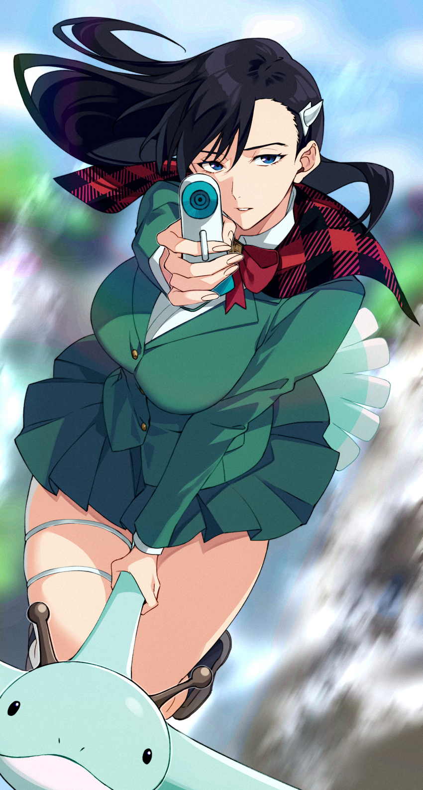 1girl absurdres aiming aiming_at_viewer asymmetrical_bangs black_hair black_socks blue_eyes blurry blurry_background bow bowtie breasts brown_footwear burn_the_witch capelet dragon riding_dragon film_grain fingernails floating_hair full_body green_jacket green_skirt gun highres jacket large_breasts long_hair looking_at_viewer motion_blur niihashi_noel onimoti open_mouth parted_lips plaid_capelet plaid_clothes pleated_skirt red_bow red_bowtie red_capelet riding shirt skirt socks solo thigh_strap thighs weapon white_shirt