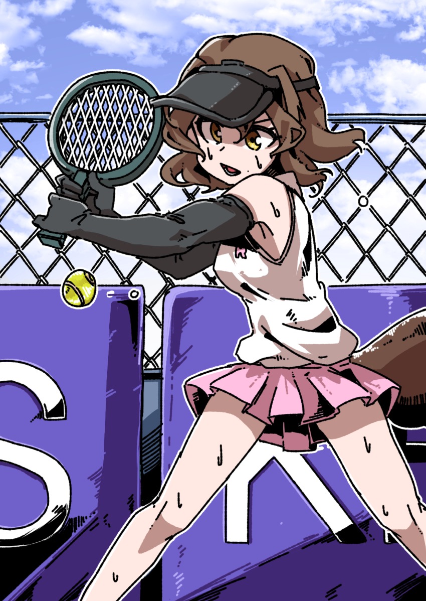 10s 1girl ball bare_shoulders brown_hair cloud day gloves highres kemono_friends miniskirt open_mouth platypus_(kemono_friends) platypus_tail racket skirt sky solo takoongyi teeth tennis_ball tennis_racket upper_body yellow_eyes