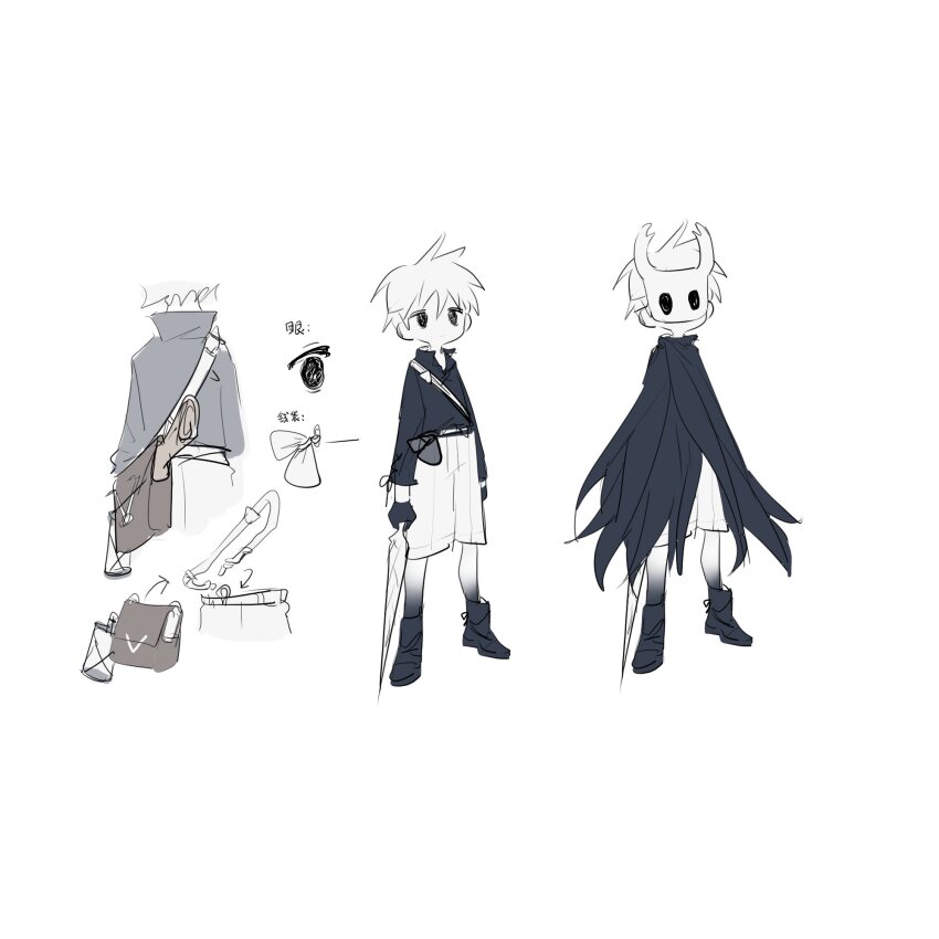 1other black_cape black_footwear cape chinese_text full_body highres holding holding_sword holding_weapon hollow_knight horned_mask iotaone knight_(hollow_knight) mask multiple_views nail_(hollow_knight) personification shorts simple_background sword translation_request weapon white_background white_hair white_mask white_shorts