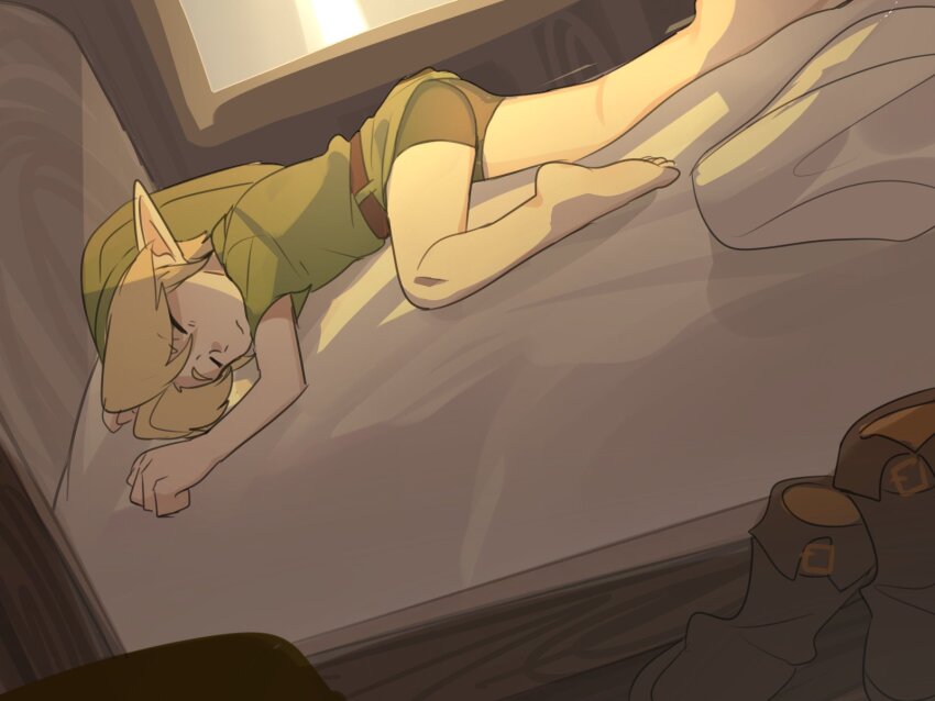 1boy arms_up barefoot belt bike_shorts blonde_hair boots brown_belt clenched_hands closed_eyes closed_mouth commentary_request green_hat green_shirt hat highres indoors link lying male_focus nintendo on_bed pointy_ears shirt short_sleeves sleeping solo suikaels the_legend_of_zelda the_legend_of_zelda:_ocarina_of_time toes unworn_boots wooden_floor