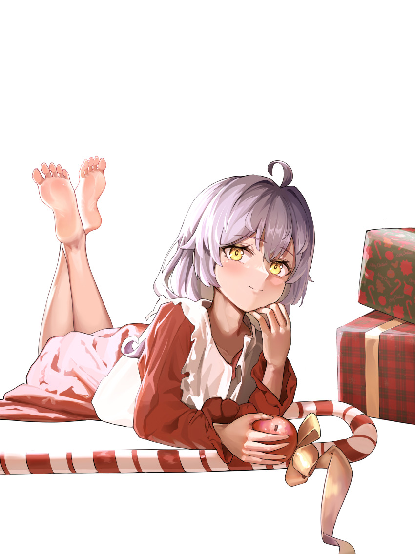 1girl absurdres acacia_(snowbreak) barefoot box christmas feet gift gift_box grey_hair highres light_blush long_hair looking_at_viewer lying on_stomach smile snowbreak:_containment_zone soles the_pose toes white_background yellow_eyes yi_lucid