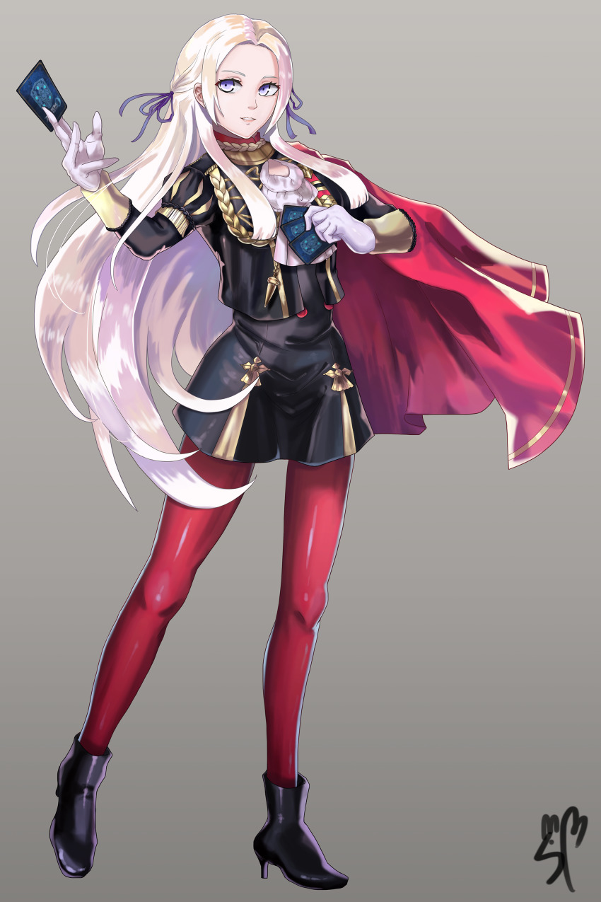 1girl absurdres ascot blonde_hair blue_eyes cape card edelgard_von_hresvelg female_focus fire_emblem fire_emblem:_three_houses fire_emblem_cipher gloves grey_background hair_ornament hair_ribbon highres holding holding_card long_hair long_sleeves nintendo pantyhose red_cape red_pantyhose ribbon signature simple_background smile solo songban very_long_hair white_gloves