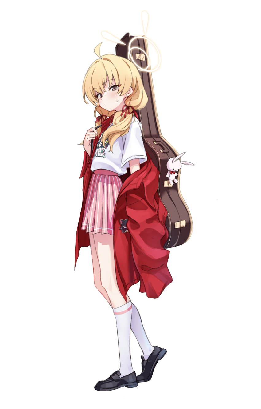 1girl absurdres ahoge black_footwear blonde_hair blue_archive closed_mouth coat full_body hair_ribbon highres kneehighs loafers long_hair looking_at_viewer low_twintails official_alternate_costume official_alternate_hairstyle open_clothes open_coat pink_skirt ribbon shirt shoes short_sleeves simple_background skirt socks solo standing sweat toshizou_(0714) twintails white_background white_shirt white_socks yoshimi_(band)_(blue_archive) yoshimi_(blue_archive)