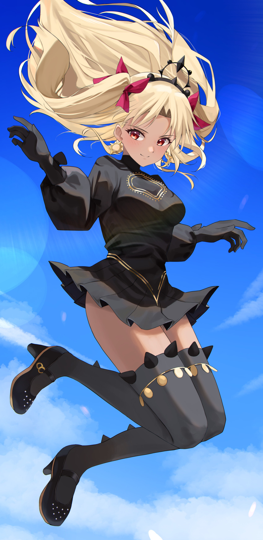 1girl absurdres black_dress black_gloves black_thighhighs blonde_hair blue_sky breasts dress earrings ereshkigal_(fate) ereshkigal_alter_(fate) fate/grand_order fate_(series) gloves high_heels highres jewelry long_hair medium_breasts red_eyes sky thighhighs tiara yaki_tai