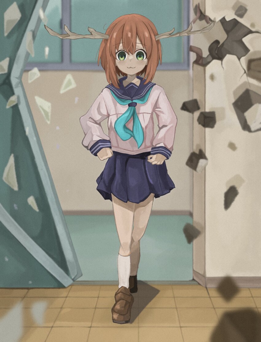 1girl :3 absurdres antlers aqua_neckerchief blue_sailor_collar blue_skirt brown_footwear brown_hair closed_mouth debris deer_antlers deer_girl destruction full_body green_eyes highres horns indoors kneehighs loafers long_sleeves looking_at_viewer miniskirt naaga_sonomono neckerchief pleated_skirt sailor_collar scene_reference school_uniform serafuku shikanoko_noko shikanoko_nokonoko_koshitantan shirt shoes short_hair skirt smile socks solo straight-on walking white_shirt white_socks