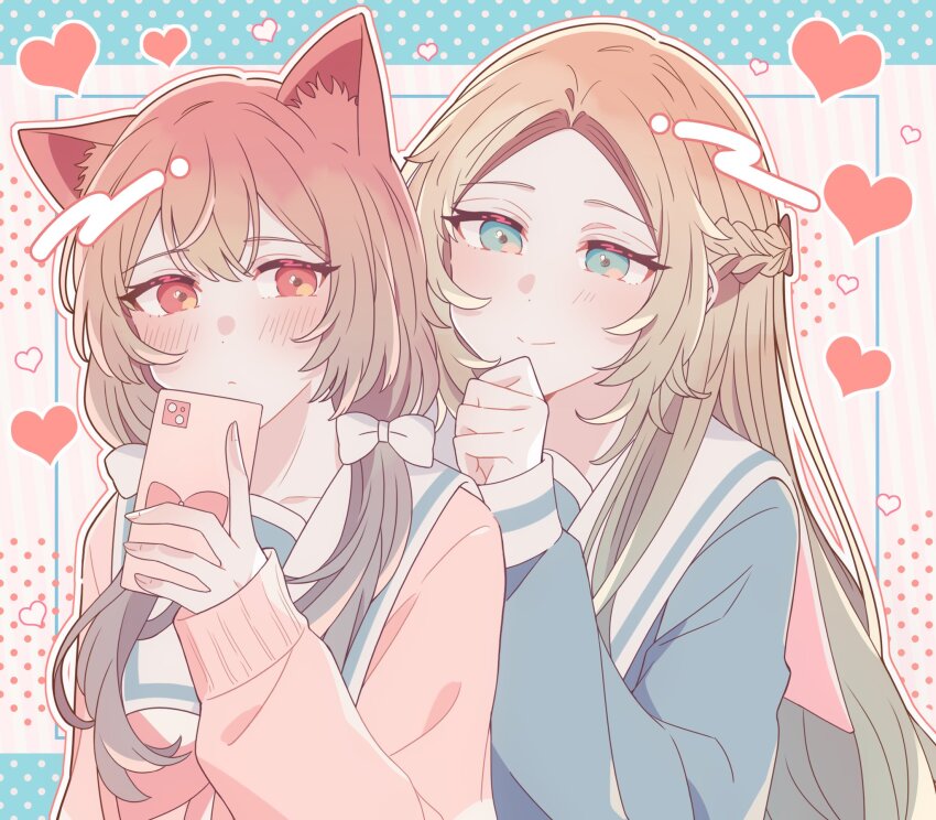 2girls animal_ears blue_eyes blue_sweater blush bow brown_hair cat_ears cellphone closed_mouth commentary fuwa_aya hair_bow hand_on_own_chin hashtag-only_commentary heart highres holding holding_phone kemonomimi_mode kousaka_0v0 long_hair long_sleeves looking_at_another multiple_girls onna_doushi_toka_arienai_desho_to_iiharu_onnanoko_wo_hyakunichikan_de_tetteiteki_ni_otosu_yuri_no_ohanashi phone pink_sweater red_eyes sailor_collar sakakibara_marika school_uniform smartphone smile sweater twintails upper_body white_bow white_sailor_collar yuri