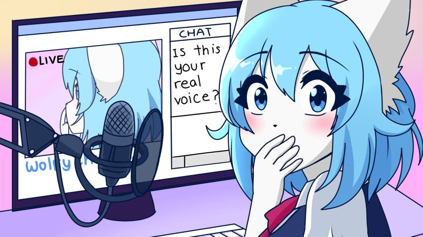 1girl animal_ears blue_eyes blue_hair colored_skin commentary computer_keyboard dot_nose english_commentary english_text highres indie_virtual_youtuber light_blush livestream microphone microphone_stand monitor short_hair thick_eyelashes virtual_youtuber wolf_ears wolf_girl wolfychu wolfychu_(artist)