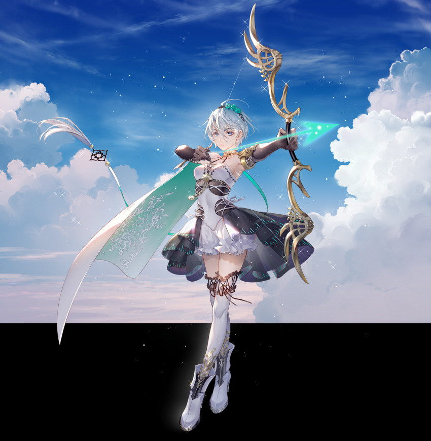 1girl aiming archery armpits arrow_(projectile) bare_shoulders black_gloves black_skirt blue_eyes blue_sky bow_(weapon) cape cloud commentary crossed_legs drawing_bow elbow_gloves fantasy flower frilled_shorts frilled_thighhighs frills full_body gloves green_cape green_flower hair_flower hair_ornament highres holding holding_arrow holding_bow_(weapon) holding_weapon light_particles looking_at_viewer miniskirt official_art overskirt puffy_shorts shirt short_hair short_shorts shorts side_cape skirt sky sleeveless sleeveless_shirt solo spaghetti_strap standing thighhighs tidsean vocaloid vsinger_(vocaloid) weapon white_footwear white_hair white_shirt white_shorts white_thighhighs yanhe