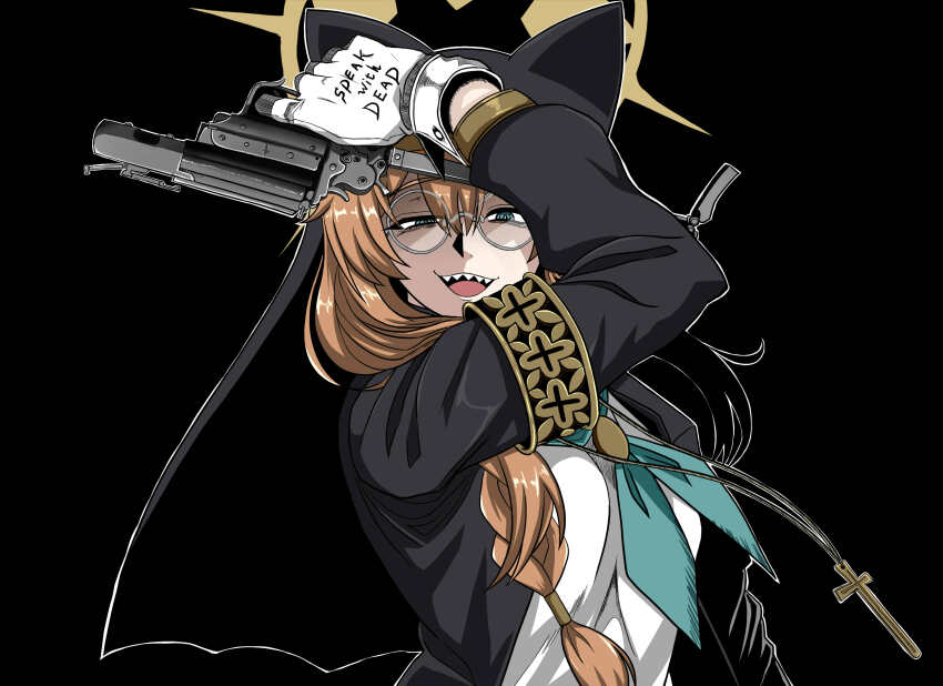 1girl @_@ absurdres animal_ear_headwear animal_ears armband black_coat black_hat blue_archive blue_ribbon braid cat_ears cat_girl coat cross cross_necklace dress fake_animal_ears glasses gloves grenade_launcher gun hair_between_eyes hair_over_shoulder hat hellsing highres holding holding_gun holding_weapon integra_hellsing jewelry long_hair looking_at_viewer mari_(blue_archive) necklace nun one_eye_narrowed open_mouth orange_hair rakku_(10219563) ribbon round_eyewear sharp_teeth sidelocks single_braid teeth upper_teeth_only weapon white_dress white_gloves yellow_armband