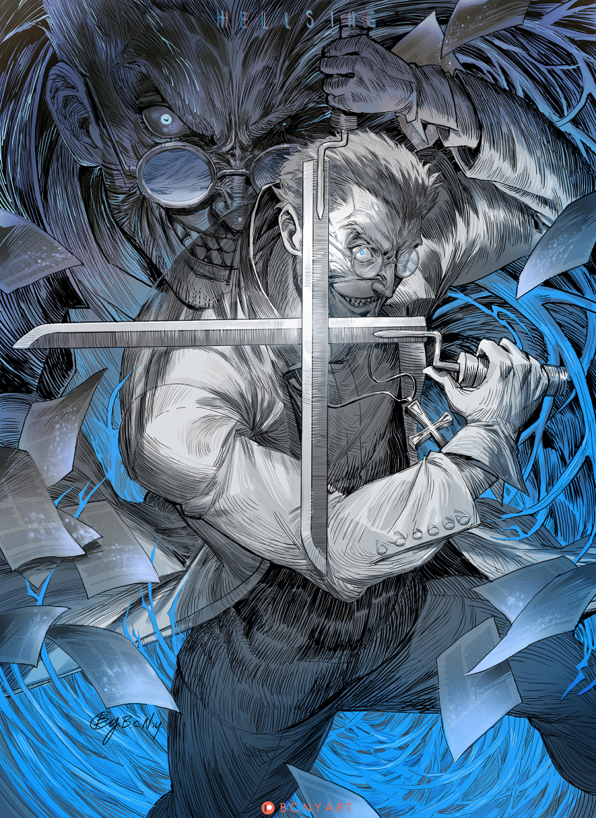 1boy alexander_anderson artist_name b.c.n.y. bayonet coat cross crossed_swords dual_wielding facial_hair glasses gloves greyscale grin hellsing highres holding jewelry male_focus monochrome paper patreon_logo patreon_username round_eyewear short_hair signature smile solo spot_color sword weapon