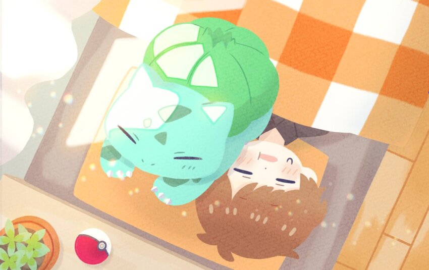 1boy blush brown_hair bulbasaur claws closed_eyes creatures_(company) curtains game_freak gen_1_pokemon lying male_focus nintendo nostrils on_back plant poke_ball poke_ball_(basic) pokemon pokemon_(creature) potted_plant sleeping sunakuraiori sweatdrop under_covers