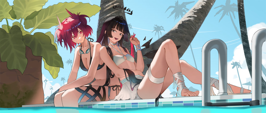 2girls alternate_costume arknights bikini black_bikini black_eyes black_hair breasts bright_pupils cleavage collarbone commentary day feet fiammetta_(arknights) goggles goggles_around_neck hair_between_eyes highres leaning leaning_on_person long_hair looking_at_another medium_breasts multiple_girls northkiyou open_mouth outdoors plant pool poolside red_eyes red_hair short_hair sitting smile sweatdrop swimsuit teeth thigh_strap toes tree virtuosa_(arknights) water white_bikini white_pupils