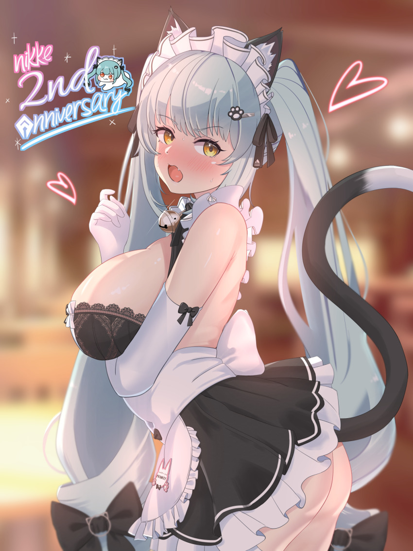 1girl alternate_costume animal_ears apron aqua_hair ass blush breasts cat_ears cat_tail dazai elbow_gloves embarrassed fang gloves goddess_of_victory:_nikke highres large_breasts long_hair looking_at_viewer maid maid_apron maid_headdress official_alternate_costume open_mouth privaty_(nikke) privaty_(unkind_maid)_(nikke) sideboob skirt solo tail twintails very_long_hair yellow_eyes