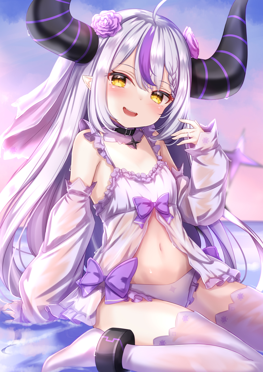 1girl :d ahoge babydoll black_choker blush bow choker demon_horns detached_sleeves flower frilled_panties frills grey_hair hair_flower hair_ornament highres hololive horns jewelry la+_darknesss long_sleeves looking_at_viewer midriff multicolored_hair navel no_shoes open_mouth panties pointy_ears puffy_long_sleeves puffy_sleeves purple_bow purple_flower purple_hair ring sitting smile solo streaked_hair striped_horns thighhighs underwear virtual_youtuber wariza white_panties white_thighhighs yellow_eyes yuano