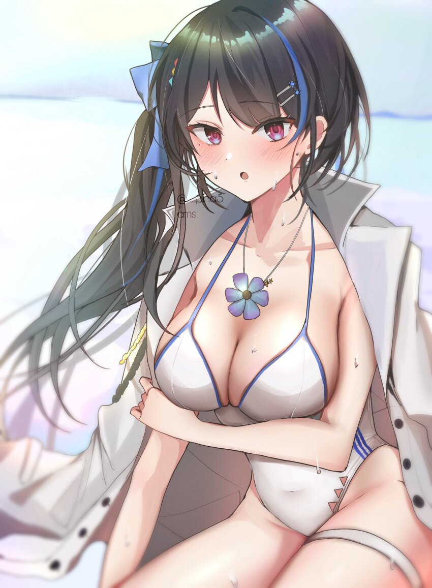 1girl :o alternate_costume blue_bow blue_hair blush bow breasts cleavage coat coat_on_shoulders collarbone commentary_request covered_navel flower flower_necklace girls&#039;_frontline hair_bow highres jericho_(girls&#039;_frontline) jewelry korean_commentary long_hair looking_at_viewer multicolored_hair necklace one-piece_swimsuit phago pink_eyes side_ponytail solo streaked_hair swimsuit wet white_coat white_one-piece_swimsuit