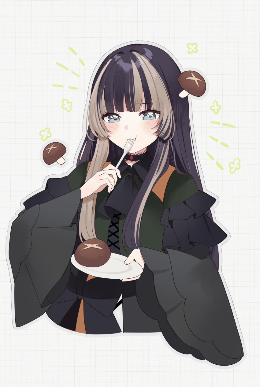 1girl ascot black_ascot black_choker black_hair blue_eyes blush choker cropped_torso dress eating fork frilled_dress frills gothic_lolita green_dress grey_hair grid_background highres hime_cut holding holding_fork holding_plate hololive hololive_dev_is inanami juufuutei_raden juufuutei_raden_(1st_costume) lolita_fashion long_hair long_sleeves multicolored_hair mushroom_on_head plate sidelocks solo streaked_hair two-tone_hair virtual_youtuber wide_sleeves