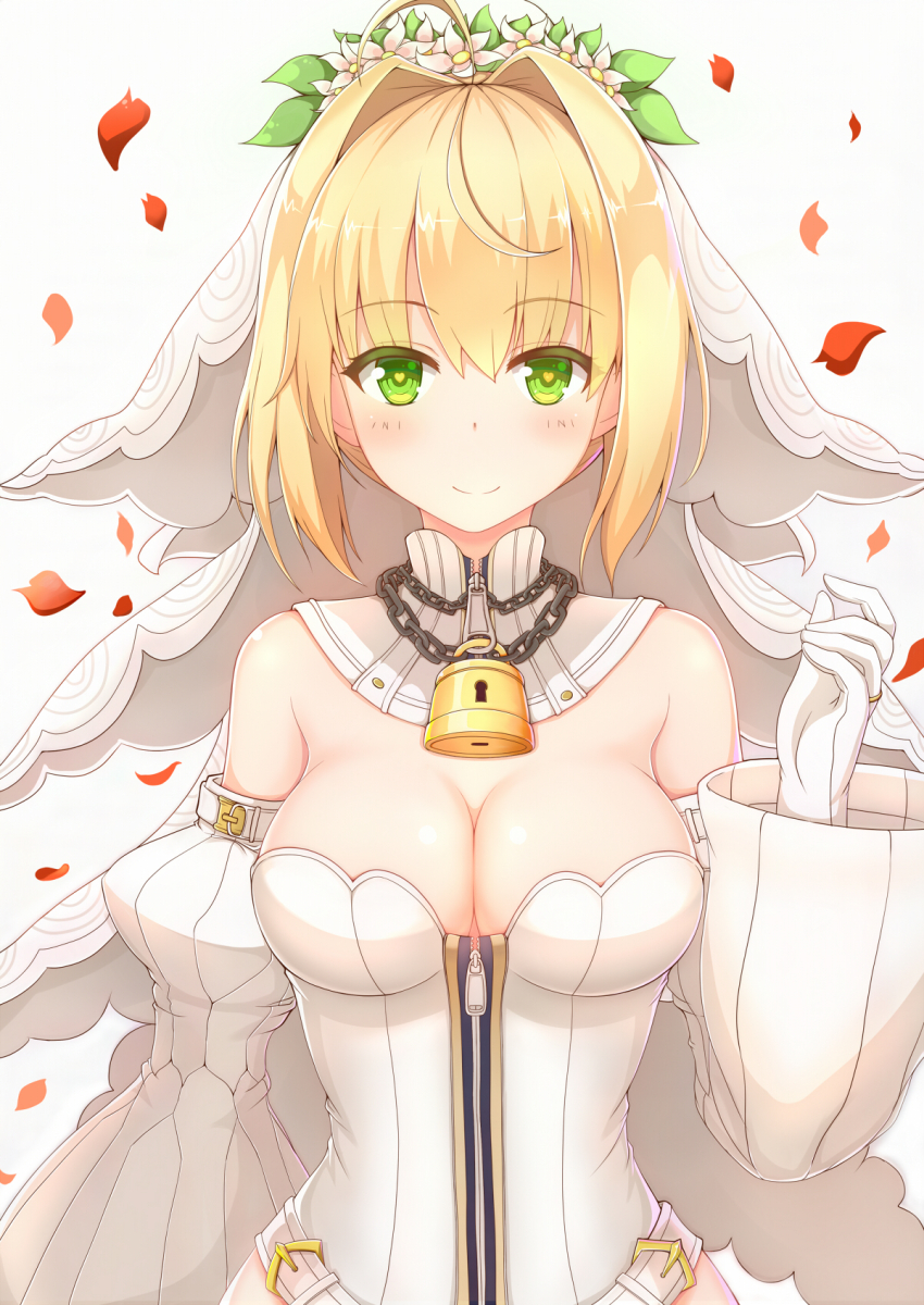 1girl ahoge blonde_hair breasts bridal_veil chain chain_around_neck cleavage dress falling_petals fate/extra fate/extra_ccc fate/grand_order fate_(series) full-length_zipper gloves green_eyes hair_intakes head_wreath highres kana_(ky4696) large_breasts lock looking_at_viewer nero_claudius_(bride)_(fate) nero_claudius_(bride)_(second_ascension)_(fate) nero_claudius_(fate) nero_claudius_(fate)_(all) petals smile solo upper_body veil white_background white_dress white_gloves white_veil zipper