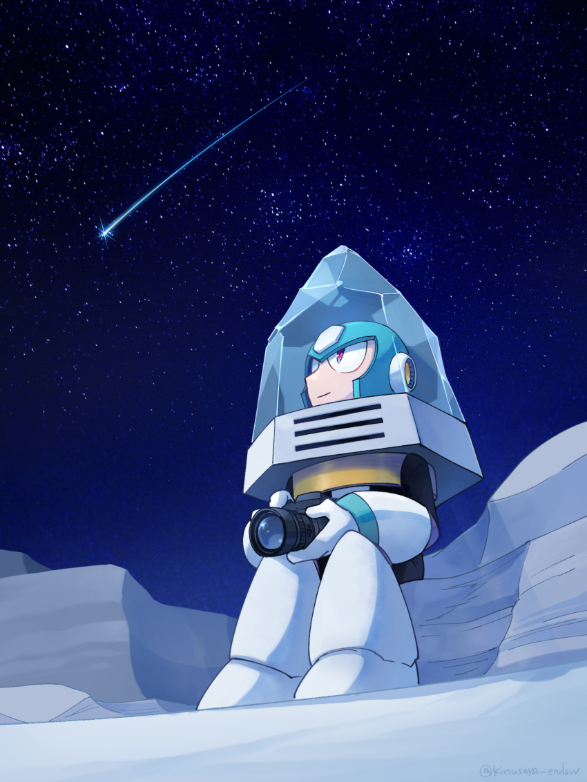 1boy camera chill_man commentary_request highres holding holding_camera ice kinusaya_endow looking_up male_focus mega_man_(classic) mega_man_(series) mega_man_10 night no_humans outdoors red_eyes robot shooting_star sitting sky smile snow solo star_(sky) starry_sky