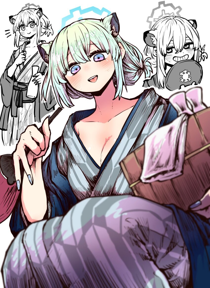 1girl alcohol animal_ears bath_yukata blue_archive blue_halo blush bottle breasts bucket choko_(cup) cleavage collarbone cup green_hair hair_between_eyes halo highres japanese_clothes kimono large_breasts looking_at_viewer official_alternate_costume open_mouth purple_eyes sakazuki sake sake_bottle shigure_(blue_archive) shigure_(hot_spring)_(blue_archive) short_hair smile solo tail tokkuri weasel_ears weasel_tail white_background wooden_bucket yukata zyugoya