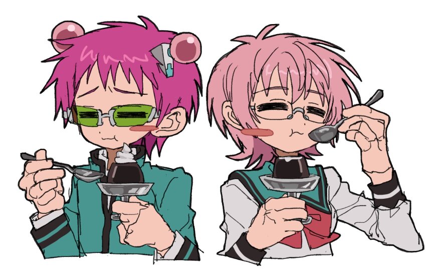 1boy 1girl antennae blush_stickers closed_eyes coffee_jello eating gelatin glasses hair_ornament holding holding_spoon jwnn pink_hair saiki_kusuko saiki_kusuo saiki_kusuo_no_psi_nan school_uniform serafuku spoon