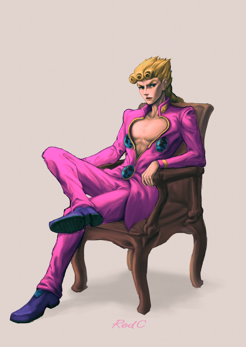 1boy absurdres artist_name blonde_hair braid braided_ponytail clothing_cutout commentary crossed_legs full_body giorno_giovanna highres jojo_no_kimyou_na_bouken male_focus pants pectorals pink_pants plunging_neckline redc0928 sitting solo v-shaped_eyebrows vento_aureo