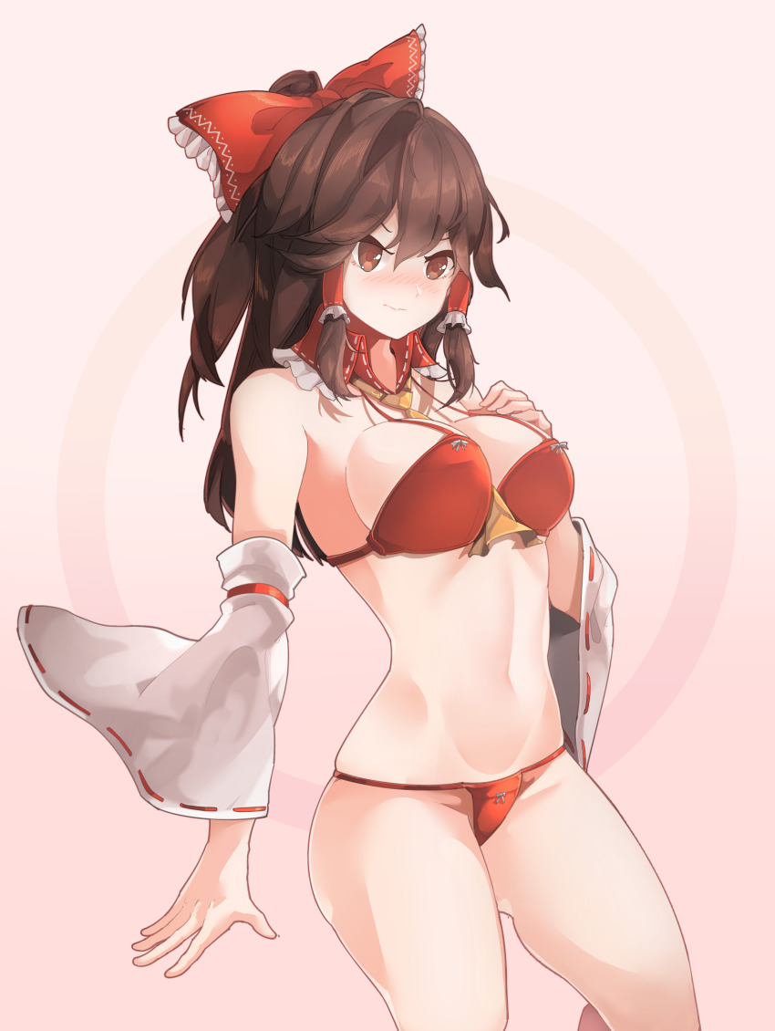 1girl absurdres ascot bare_arms bare_shoulders between_breasts bikini blush bow breasts brown_eyes brown_hair commentary cowboy_shot detached_sleeves english_commentary h.pn hair_bow hair_tubes hakurei_reimu highres korean_commentary large_breasts long_hair mixed-language_commentary navel pink_background ponytail red_bikini red_bow ribbon-trimmed_sleeves ribbon_trim sidelocks solo stomach string_bikini swimsuit touhou yellow_ascot