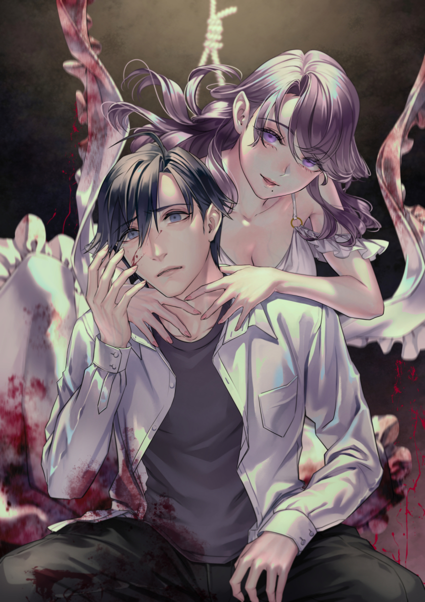 1boy 1girl black_hair black_pants blood blood_on_clothes blood_on_face blue_eyes breast_pocket breasts character_request collared_shirt commentary_request hair_between_eyes hand_on_another&#039;s_neck highres large_breasts medium_breasts mole mole_under_mouth noose open_mouth pants pocket purple_eyes purple_hair ryuki@maguro-ex shirt signal_100 sitting