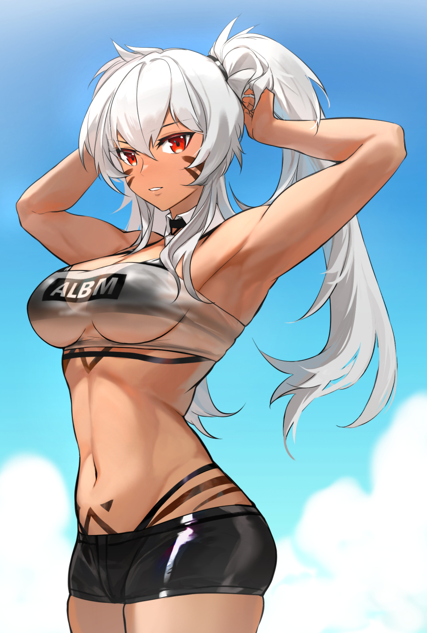 1girl alabama_(azur_lane) armpits arms_behind_head azur_lane bandeau bare_shoulders bikini bikini_under_clothes black_bikini black_shorts breasts commission dark-skinned_female dark_skin day detached_collar facepaint highres light_smile long_hair looking_at_viewer medium_breasts micro_shorts midriff mush navel orange_eyes outdoors parted_lips red_eyes revealing_clothes see-through_clothes shorts skindentation solo stomach strapless swimsuit thighs tube_top twintails tying_hair underboob very_long_hair white_hair