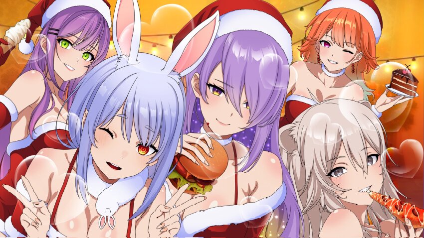 5girls =_hair_ornament alternate_costume animal_ear_fluff animal_ears armpit_crease asymmetrical_bangs bare_shoulders blue_hair breasts burger cake cleavage collarbone commentary don-chan_(usada_pekora) double-parted_bangs double_v dress extra_ears fingernails food fur-trimmed_collar fur-trimmed_dress fur_trim gradient_hair green_eyes grey_eyes grey_hair hair_over_one_eye hanging_light hat heart_bubbles highres holding holding_food hololive hololive_english hololive_indonesia ice_cream light_blush lion_ears lion_girl lips long_hair looking_at_viewer moona_hoshinova multicolored_hair multiple_girls off-shoulder_dress off_shoulder one_eye_closed orange_eyes orange_hair pizza purple_hair rabbit_ears rabbit_girl repeony santa_costume santa_dress santa_hat shishiro_botan short_eyebrows sidelocks smile spaghetti_strap strapless strapless_dress strawberry_shortcake takanashi_kiara tokoyami_towa usada_kensetsu usada_pekora v virtual_youtuber yellow_eyes