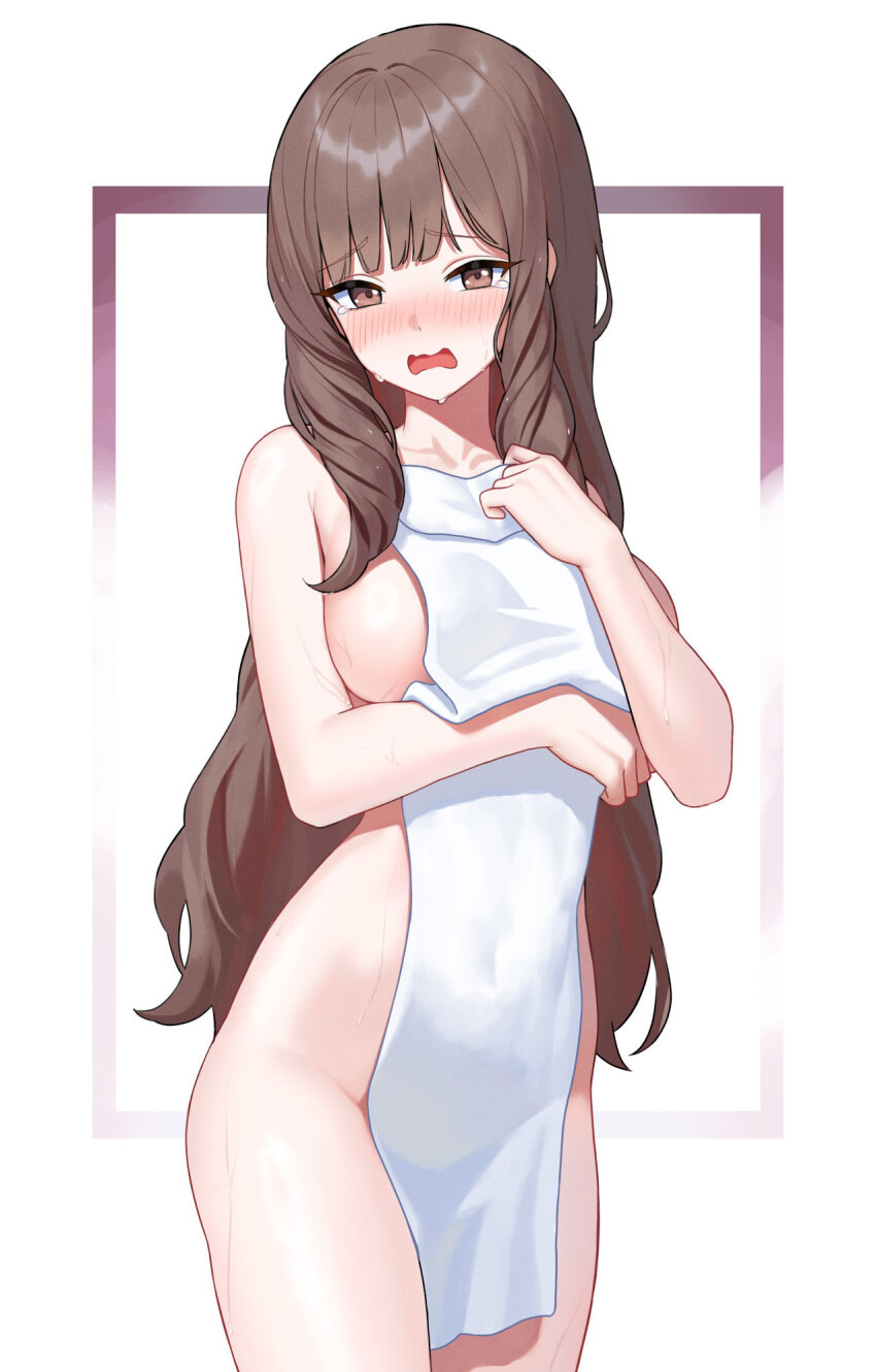 1girl arm_under_breasts blunt_bangs blush breasts brown_eyes brown_hair collarbone commission covered_navel covering_breasts covering_privates cowboy_shot dhokidoki embarrassed fire_emblem fire_emblem_awakening highres long_hair medium_breasts naked_towel nintendo nose_blush nude_cover open_mouth second-party_source sideboob sidelocks signature simple_background solo sumia_(fire_emblem) tearing_up tears towel wavy_mouth wet white_background