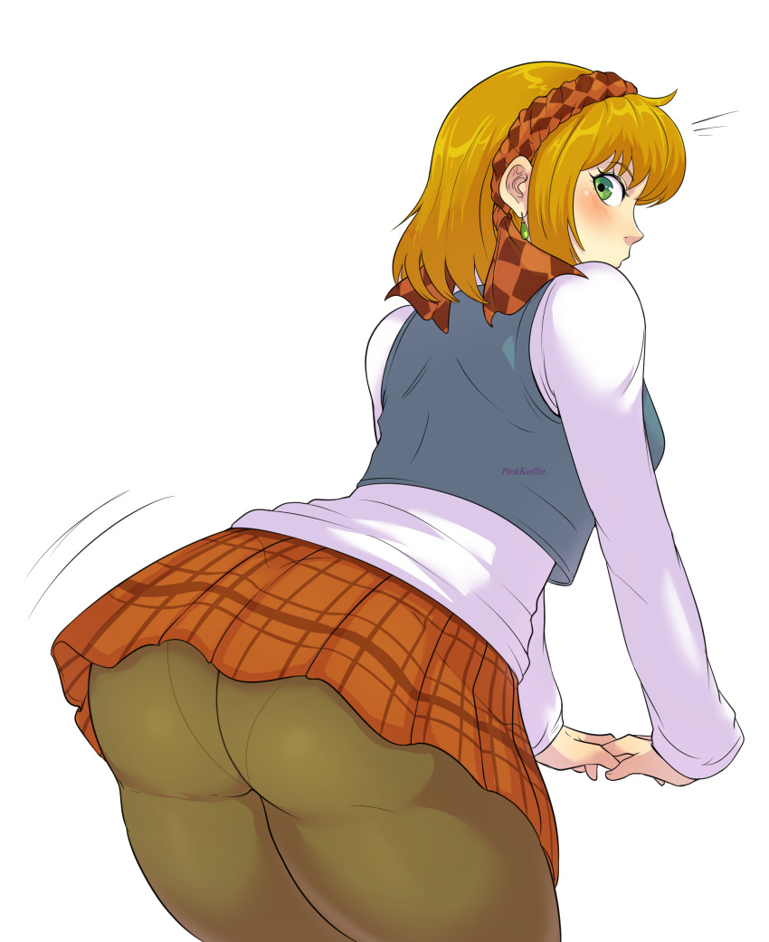 1girl absurdres ass blue_sweater_vest blush brown_pantyhose commentary cornet_espoir earrings english_commentary green_eyes headband highres jewelry long_sleeves looking_back marl_kingdom orange_hair original panties panties_under_pantyhose pantyhose pantylines pinkkoffin plaid_clothes plaid_skirt pleated_skirt red_skirt school_uniform shirt short_hair simple_background skirt solo sweater_vest underwear white_background white_shirt