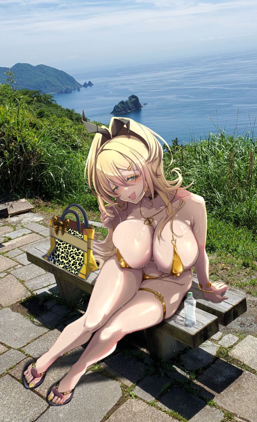 1girl bag bench bikini blonde_hair breasts cleavage covered_erect_nipples fang flip-flops goddess_of_victory:_nikke gold_bikini green_eyes hair_ornament hair_ribbon hairclip heart_o-ring highres huge_breasts hyotenka_ichido jewelry large_breasts long_hair nail_polish necklace o-ring o-ring_bikini ocean open_mouth outdoors photo_background plastic_bottle ribbon rupee_(nikke) sandals shiny_skin sitting solo sweat swimsuit thigh_strap toenail_polish toenails yellow_nails