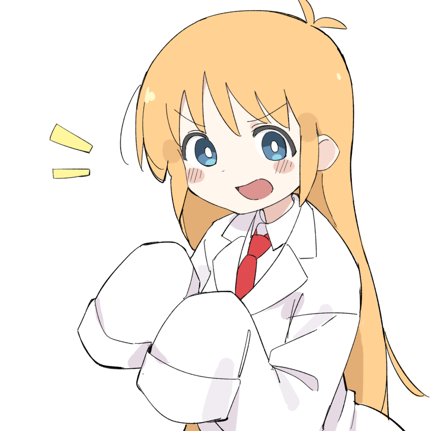 1girl antenna_hair blonde_hair blue_eyes blush_stickers bright_pupils collared_shirt commentary dot_nose fusazakura hands_up highres jacket lab_coat long_hair long_sleeves looking_at_viewer necktie nichijou notice_lines open_mouth professor_shinonome red_necktie shirt sidelocks simple_background sleeves_past_fingers sleeves_past_wrists smile solo tareme upper_body very_long_hair white_background white_jacket white_pupils white_shirt