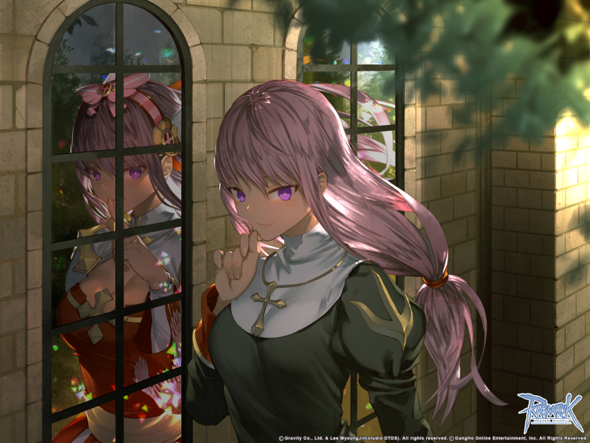 1girl arai_12 arch_bishop_(ragnarok_online) black_dress blush bow breasts brick_wall cleavage cleavage_cutout closed_mouth clothing_cutout copyright_notice cross cross_necklace different_reflection dress guest_art hair_bow headphones highres jewelry juliet_sleeves large_breasts logo long_hair long_sleeves looking_at_viewer low-tied_long_hair necklace official_art official_wallpaper pink_bow pink_hair priest_(ragnarok_online) puffy_sleeves purple_eyes ragnarok_online red_dress reflection smile tree two-tone_dress upper_body white_dress window