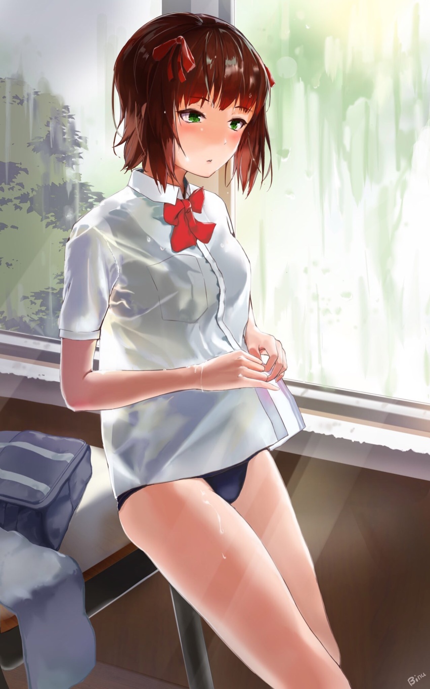 1girl amami_haruka bag binu_(nadenade) brown_hair cowboy_shot desk female_focus green_eyes hair_ribbon highres idolmaster idolmaster_(classic) indoors no_pants rain red_ribbon ribbon school_bag school_desk school_swimsuit school_uniform see-through_clothes shirt short_hair solo swimsuit swimsuit_under_clothes tree wet wet_clothes wet_shirt window